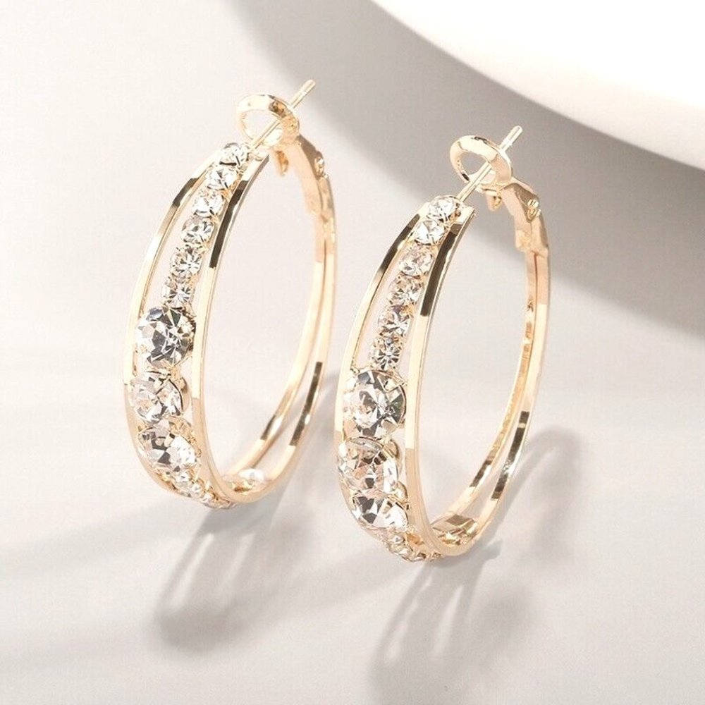 New Gorgeous 18K Gold Plated Diamond Hoop Earrings